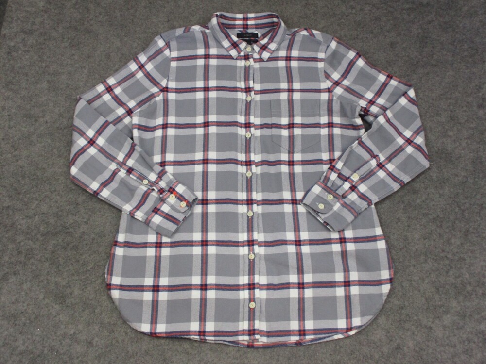 J Crew Shirt Womens 8 Gray White Button Up Plaid Boy Career Comfort Preppy